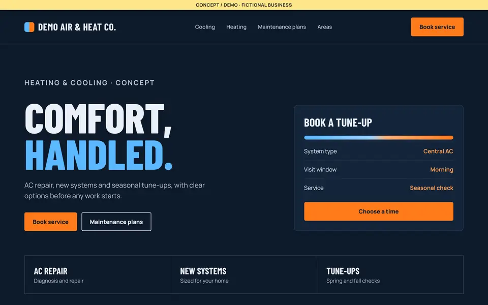 Concept / demo: homepage for the fictional Demo Air & Heat Co., bold condensed type with a booking panel in the hero